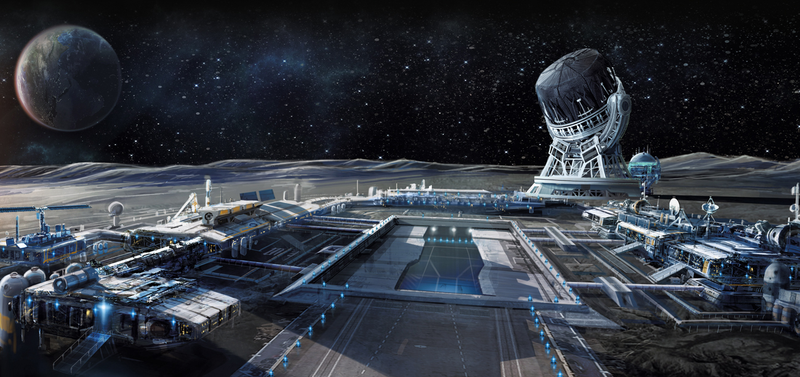 Concept art showing a spread of the Moon Base